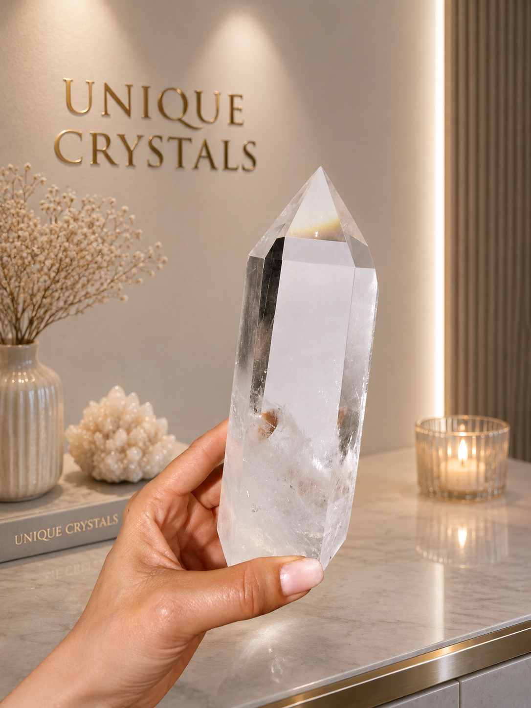 Ultra-clear rock crystal point on root stand – Light play & natural magic ✨ | 19 cm