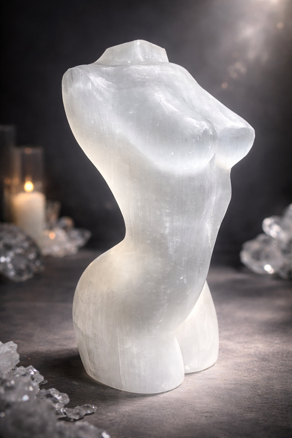 Corps féminin en sélénite 20,5 cm, 2,07 kg – Élégance lumineuse et énergie douce ✨