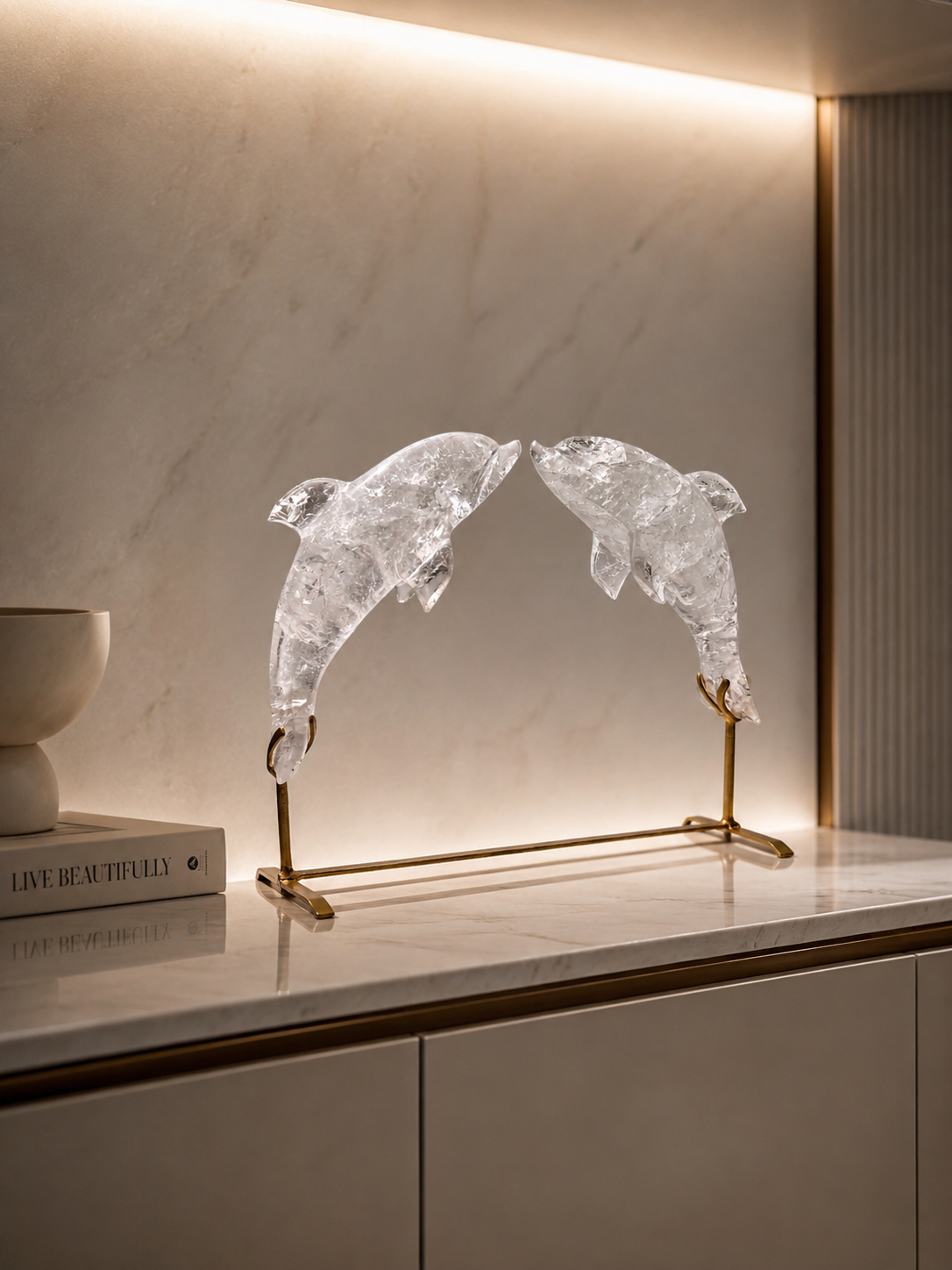 Bergkristall Delphin Skulpturen aus Brasilien – Crystal Art mit Light Gold Ständer