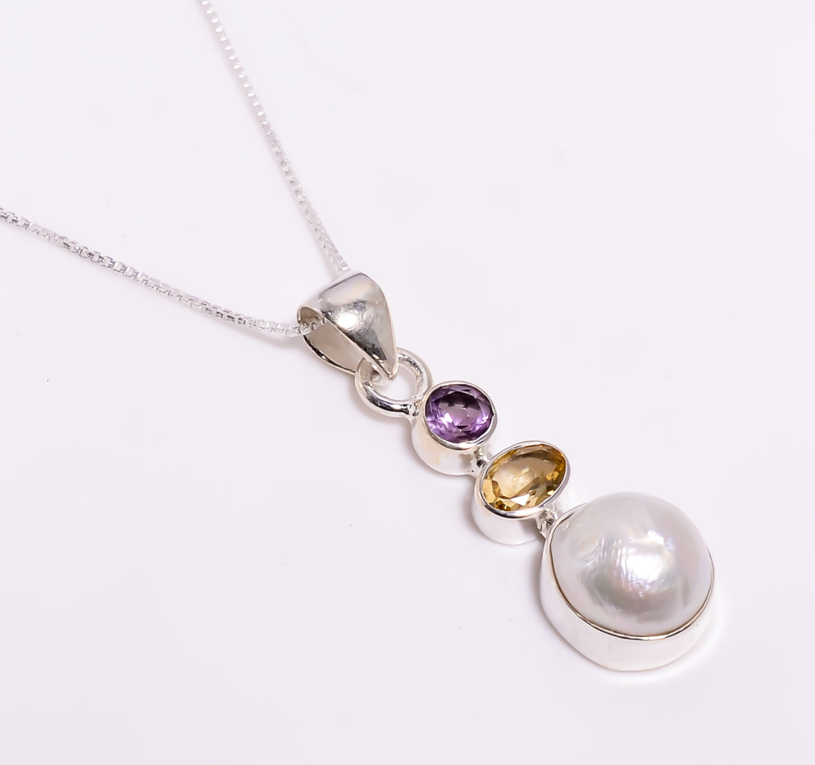 Barockperle mit Citrin & Amethyst – 925 Silber Anhänger (3,7 cm) an 46 cm Kette | Echte Edelsteine handgefasst