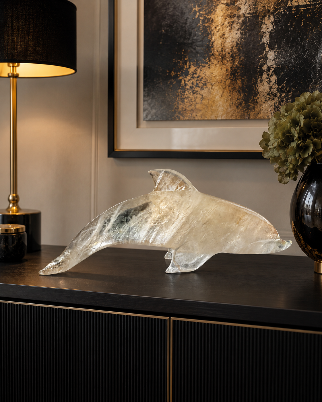 Bergkristall-Delfin mit Citrin 37 cm | Luxus Kristallkunst