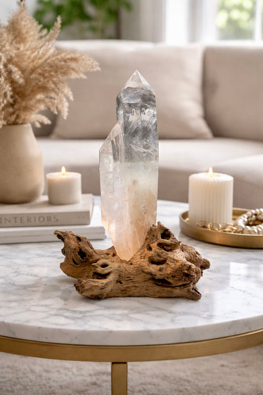 Bergkristall Doppelspitze 32.5 cm extraklar mit Babyspitze und Wurzel 3 kg