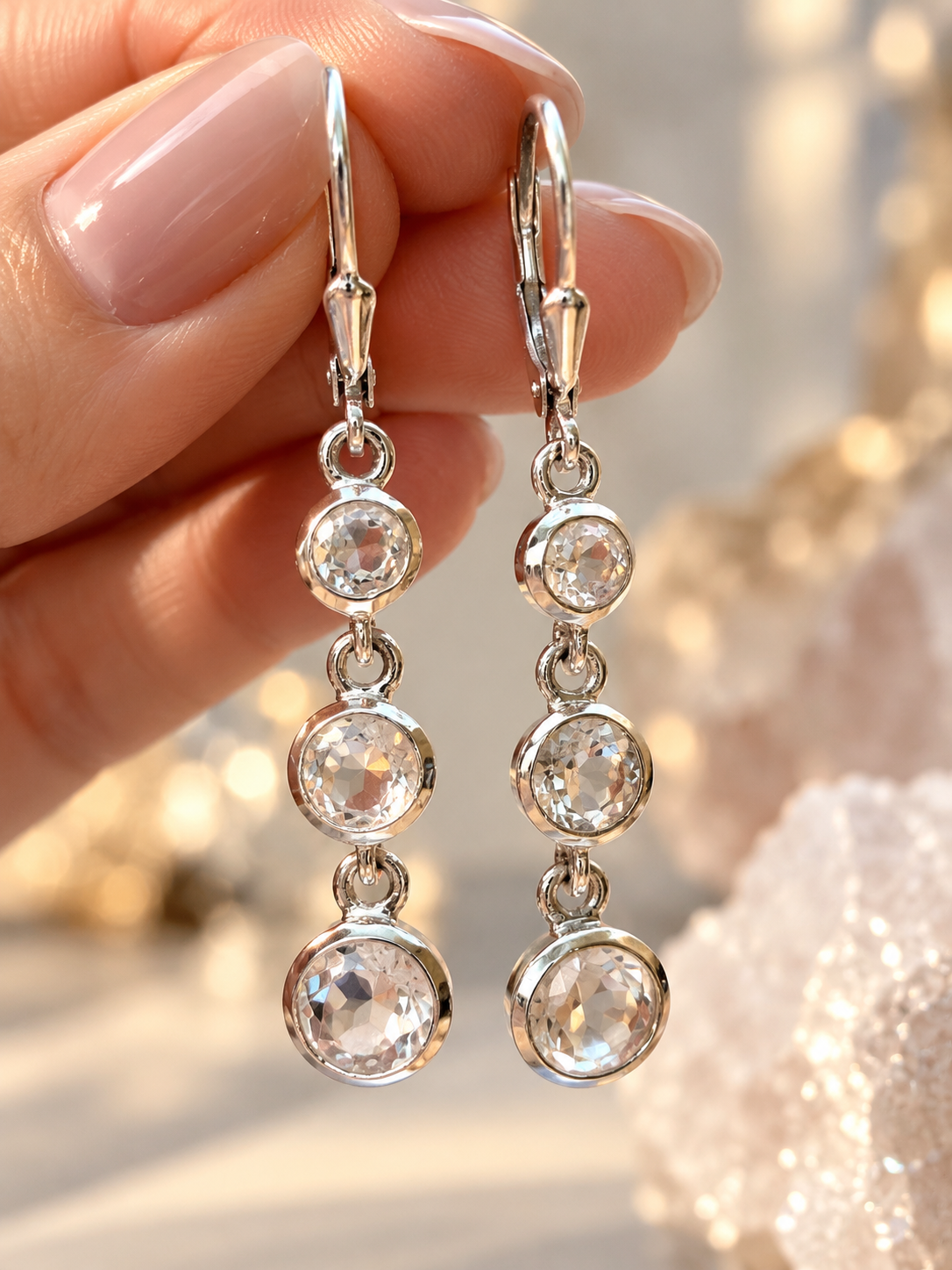 Bergkristall Hängeohrringe aus 925 Silber mit klaren Facetten und 4,4 cm Gesamtlänge