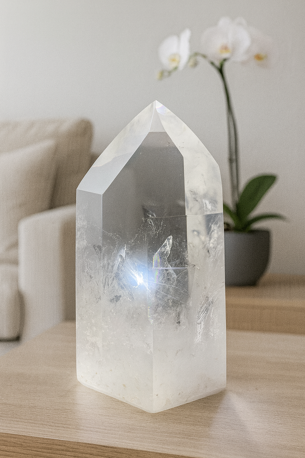 Bergkristall kaufen – 13 cm · 800 g · Extra klar mit Regenbogen 