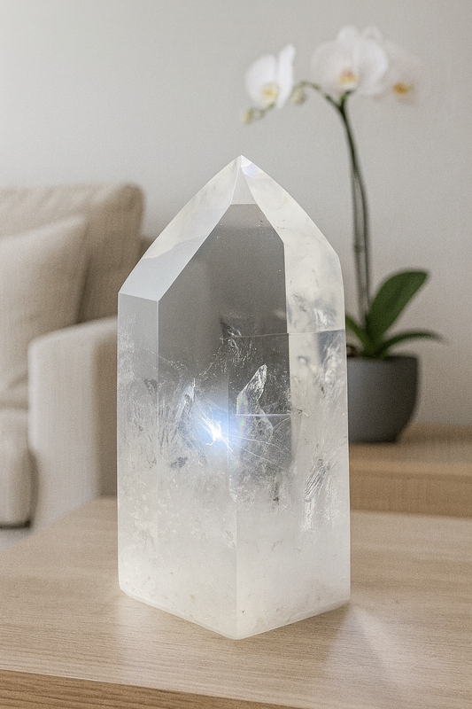 Bergkristall kaufen – 13 cm · 800 g · Extra klar mit Regenbogen 