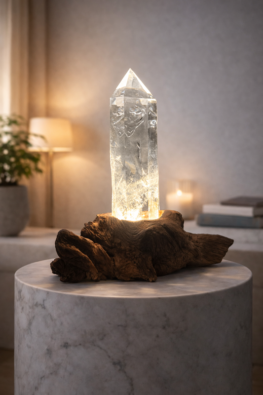 Bergkristall mit Wurzel & Beleuchtung – Heilstein & Energieobjekt