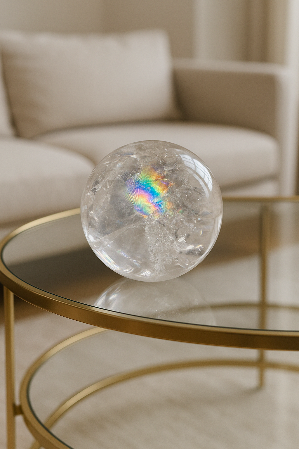 Bergkristallkugel 8 cm – Klarheit, Regenbogen & Einschlüssen | Premium