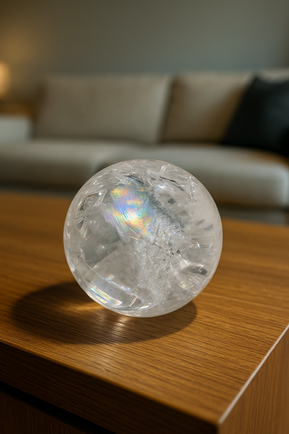 Bergkristallkugel 8 cm mit Regenbogen und Einschlüssen – Brasilien