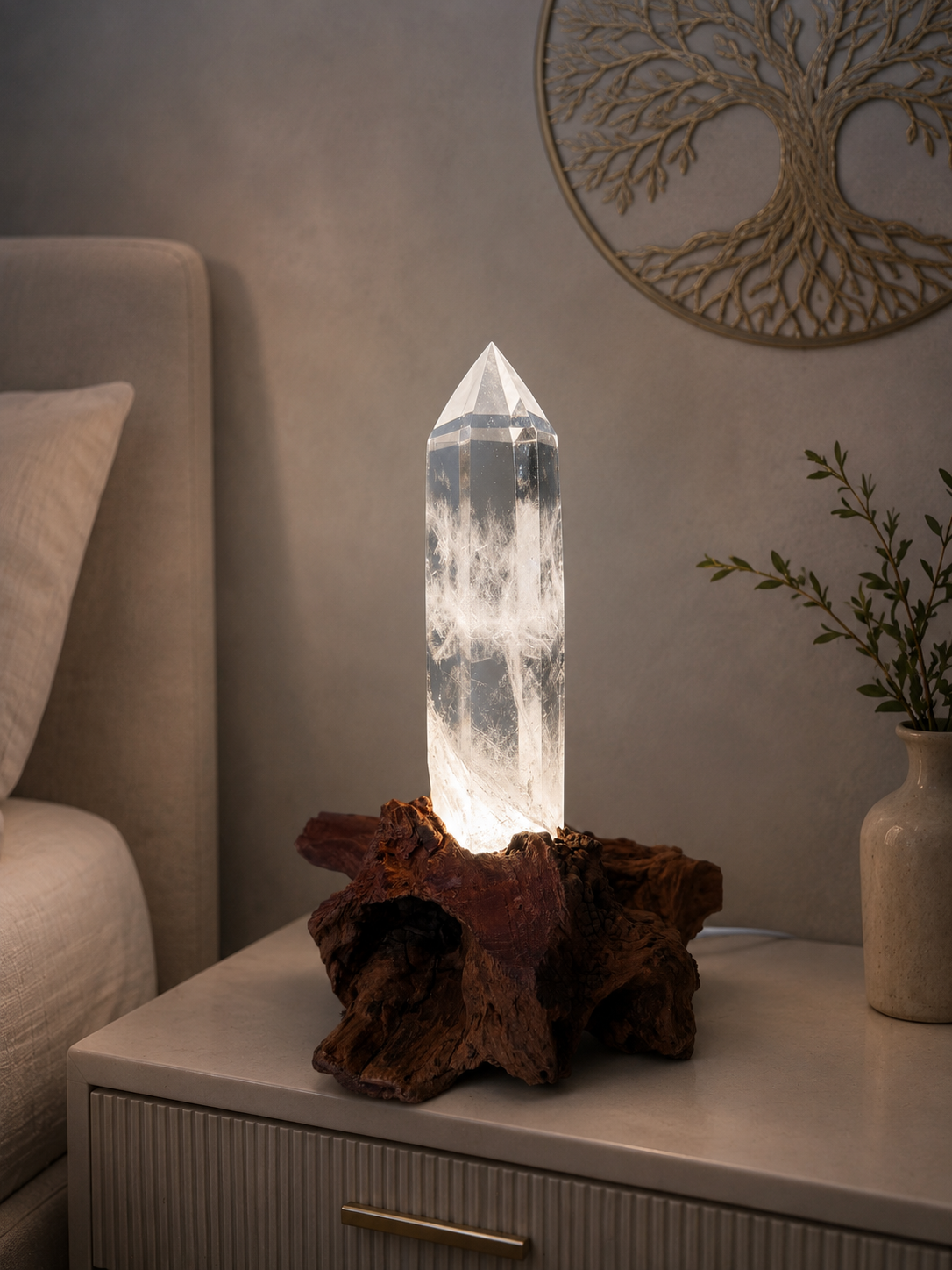 Bergkristalllampe aus Brasilien mit LED auf Naturwurzel – 22 cm Unikat
