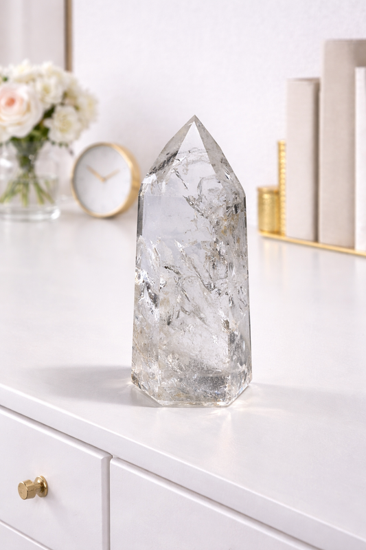 Bergkristallspitze 9,3 cm aus Brasilien mit außergewöhnlichem Feuer und klarer Transparenz
