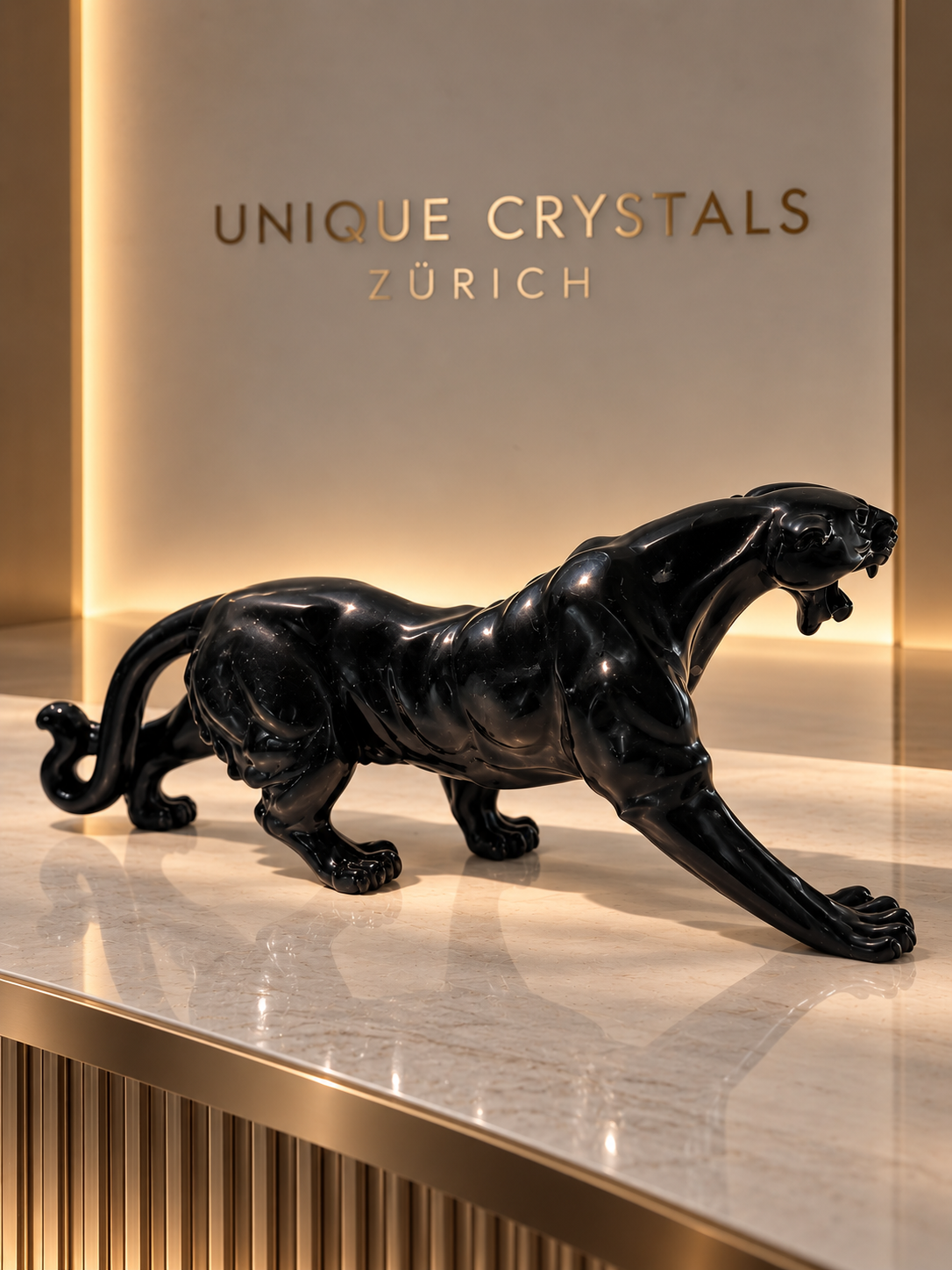 Black Jade Panther Figur, schwarze Wildkatze mit natürlichen goldfarbenen Mineralstrukturen, 27 cm Länge