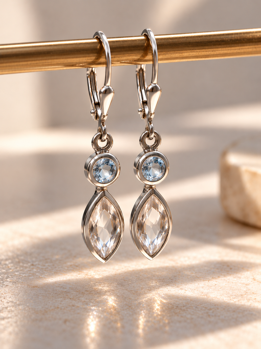Blautopas und Bergkristall Hängeohrringe aus 925 Sterling Silber, ca. 3,5 cm lang