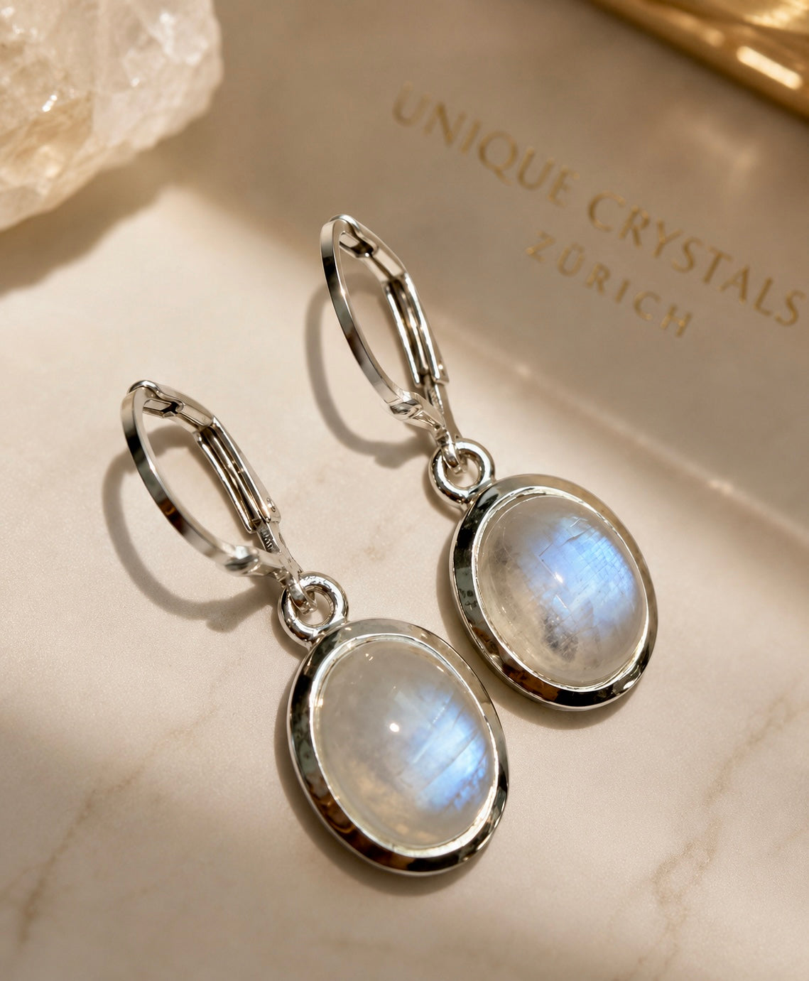 Blue Moonstone Ohrringe aus natürlichem Regenbogenmondstein in 925 Silber