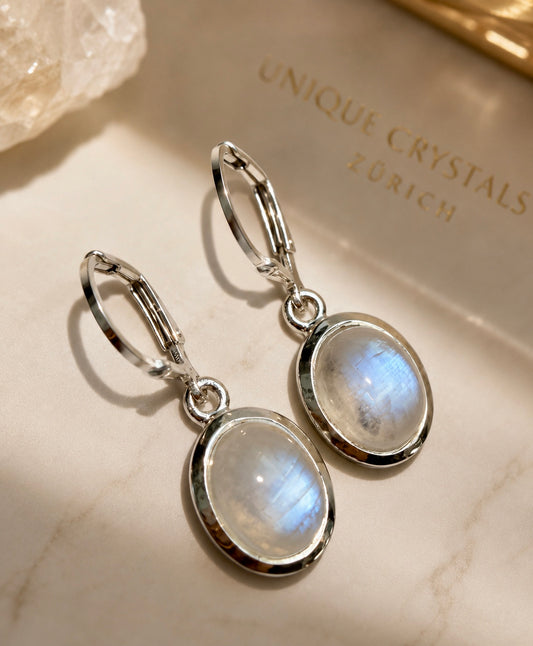 Blue Moonstone Ohrringe aus natürlichem Regenbogenmondstein in 925 Silber