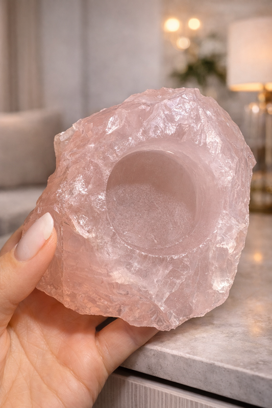 Rosenquarz Teelicht 13cm – Natürlich & Lichtvoll | Sanfte Energie ✨