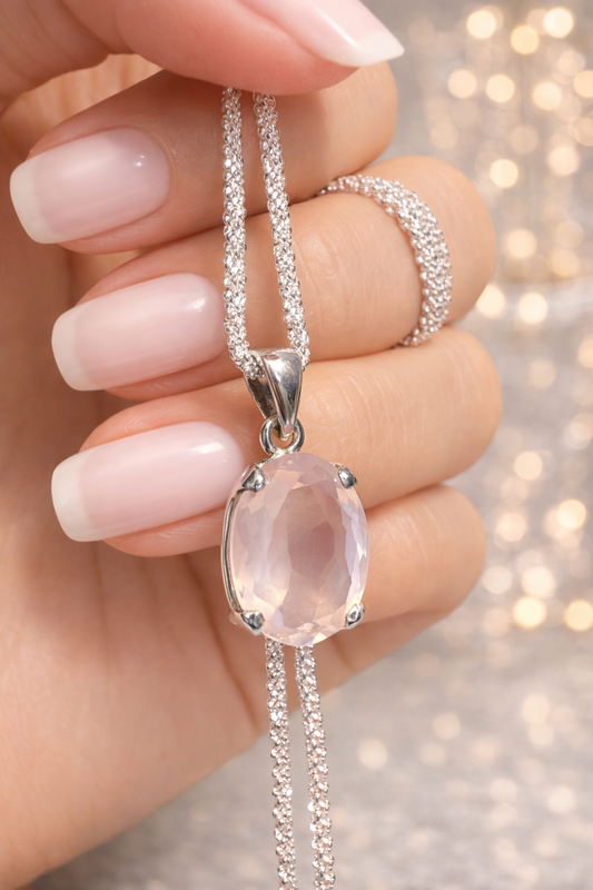 Rosenquarz Anhänger facettierter Ovalschliff – 925 Silber, funkelnd