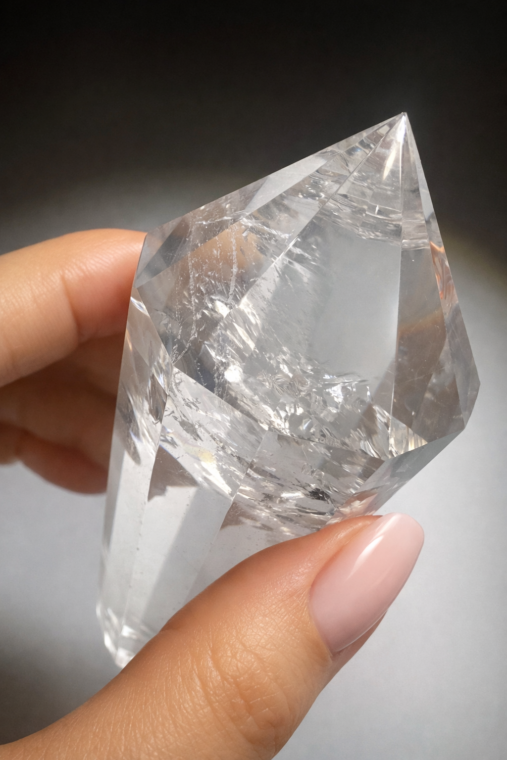 Lemuria Vogel-Cut-Kristall aus ultraklarem Bergkristall · 12 Facetten · 11,7 cm · 146 g