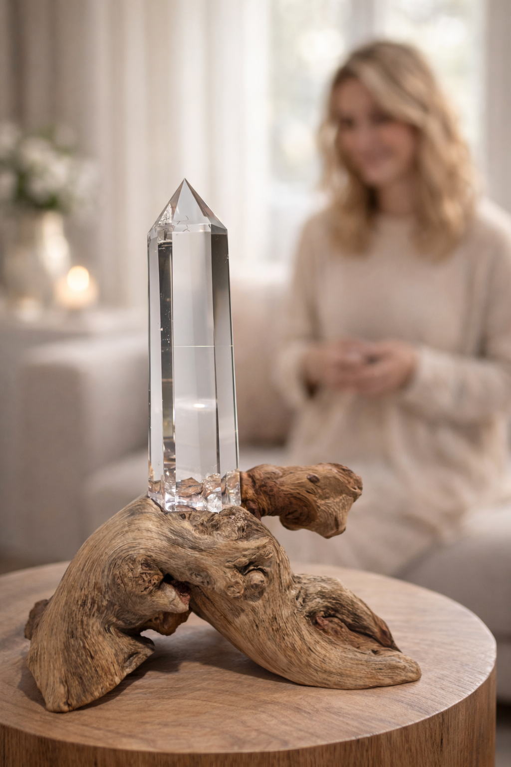 Ultraklare Lemurian Bergkristallspitze auf handgefertigtem Holzsockel 17.5cm