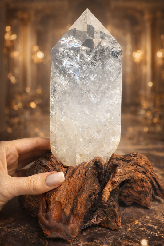 Exklusive Bergkristallspitze auf Holzsockel – Lichtvolle Naturkraft - 21cm