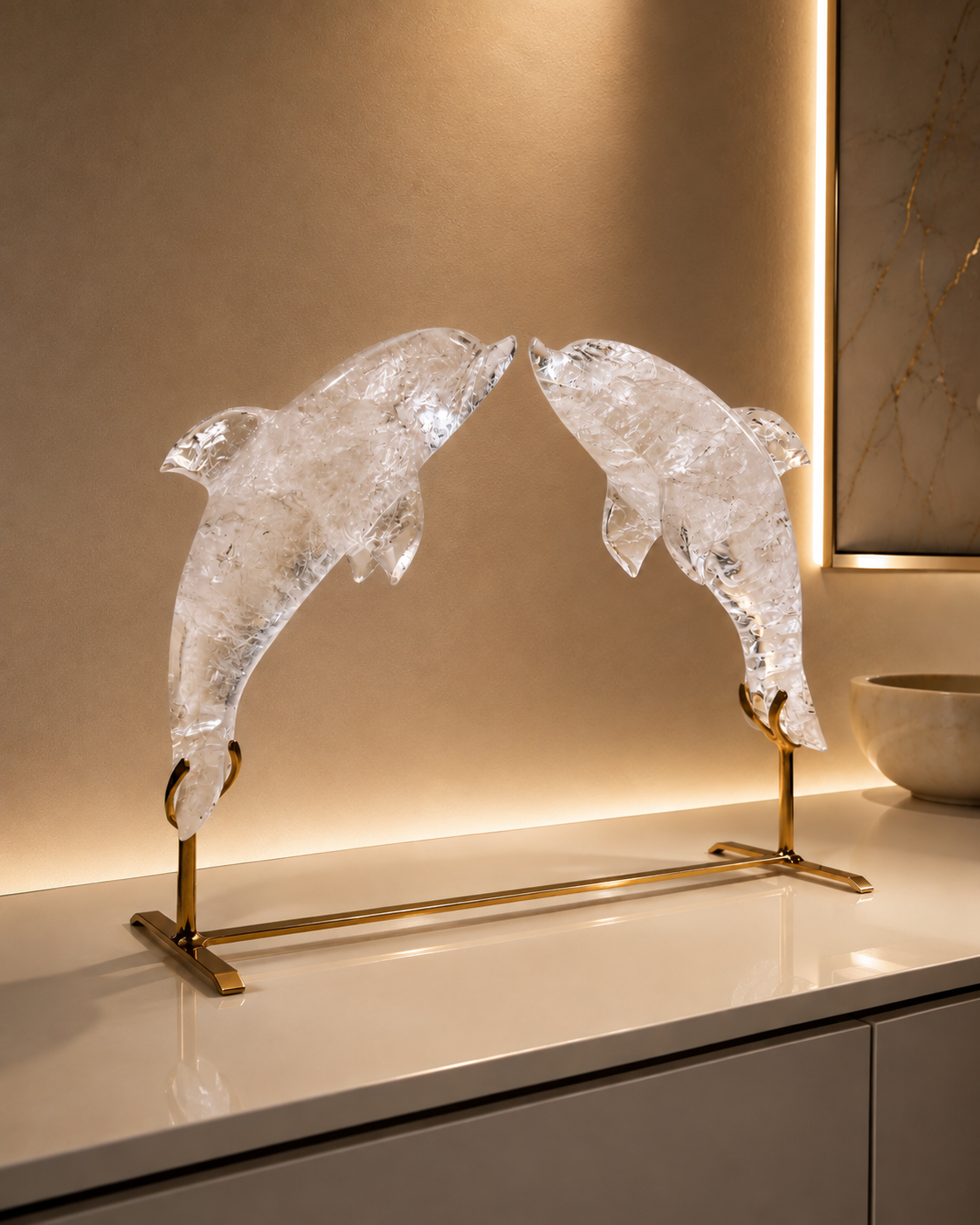 Bergkristall Delphin Skulpturen aus Brasilien – Crystal Art mit Light Gold Ständer