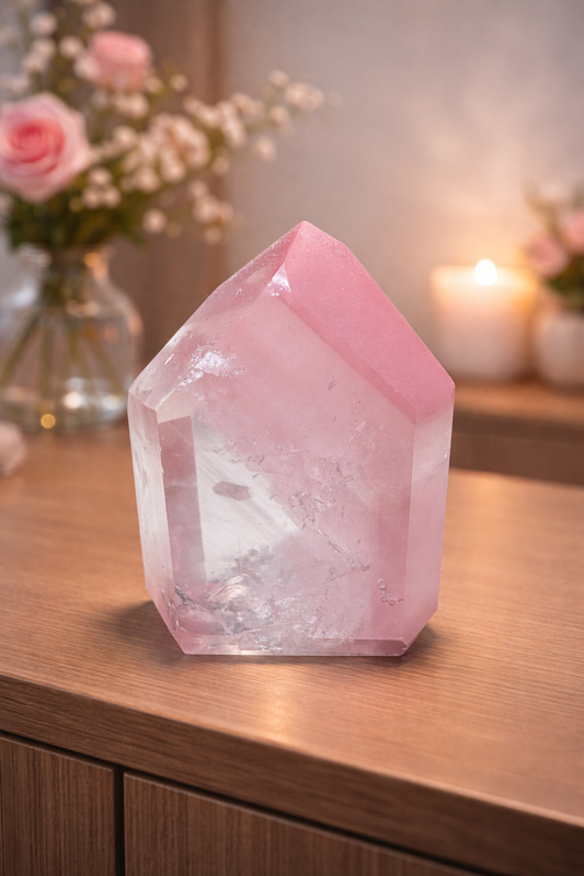 Diese aussergewöhnliche Pink-Lithium-Spitze besticht durch ihre beeindruckende Klarheit und das zarte, rosafarbene Lithium. Jetzt kaufen UNIQUE CRYSTALS.