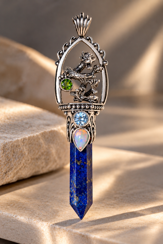 Drachenanhänger aus 925 Silber mit 7 cm Lapis Lazuli Spitze und echten Edelsteinen