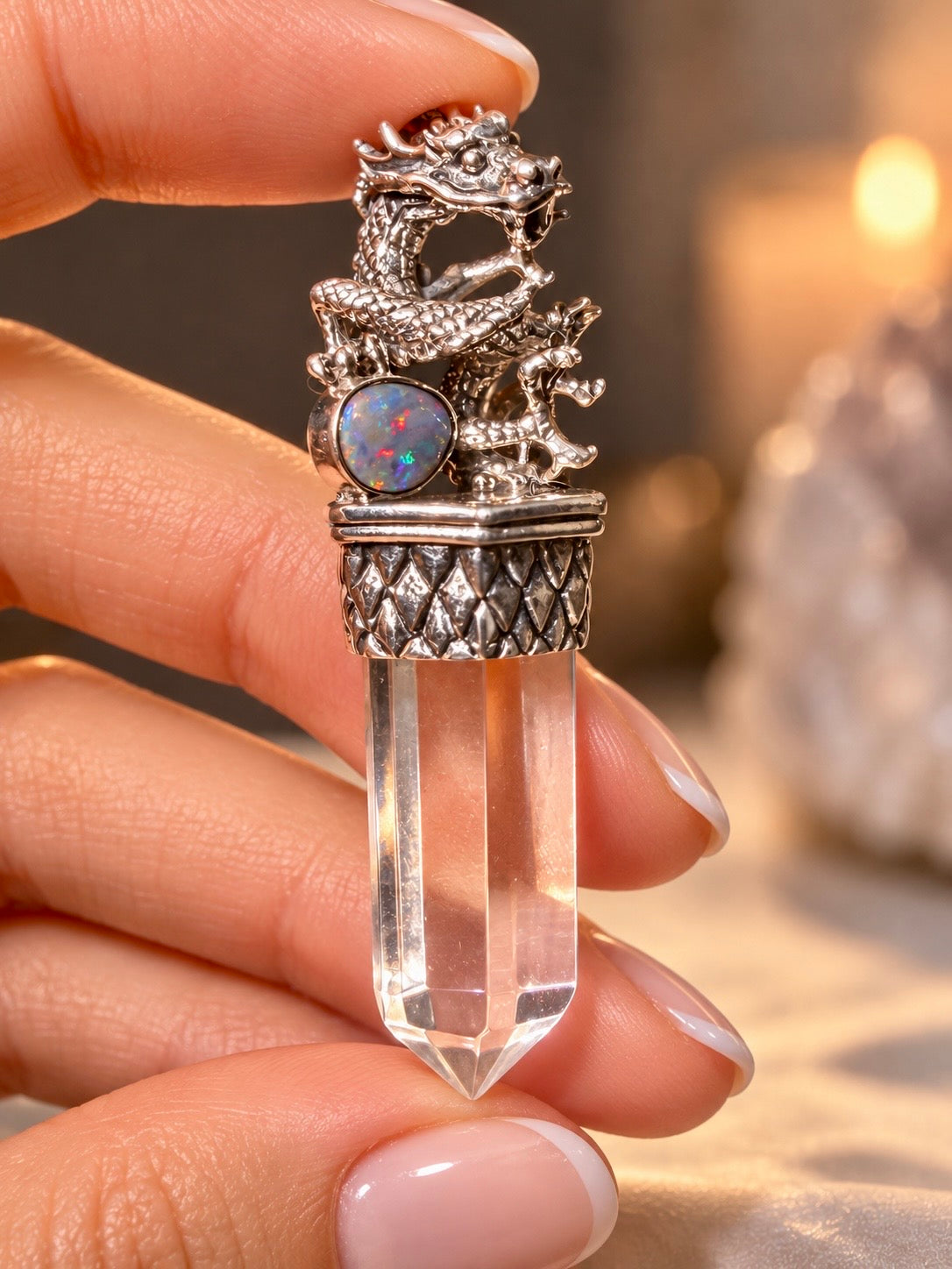 Drachenanhänger mit echtem Opal und Lemurian Bergkristall aus 925 Silber