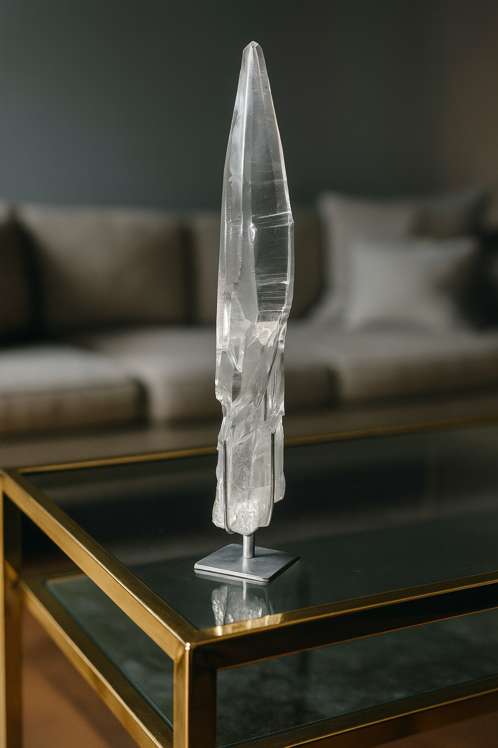 Lemurian Kristallspitze 28 cm mit Ständer – einzigartiger naturbelassener Quarz aus Brasilien in Museumsqualität, 591 g