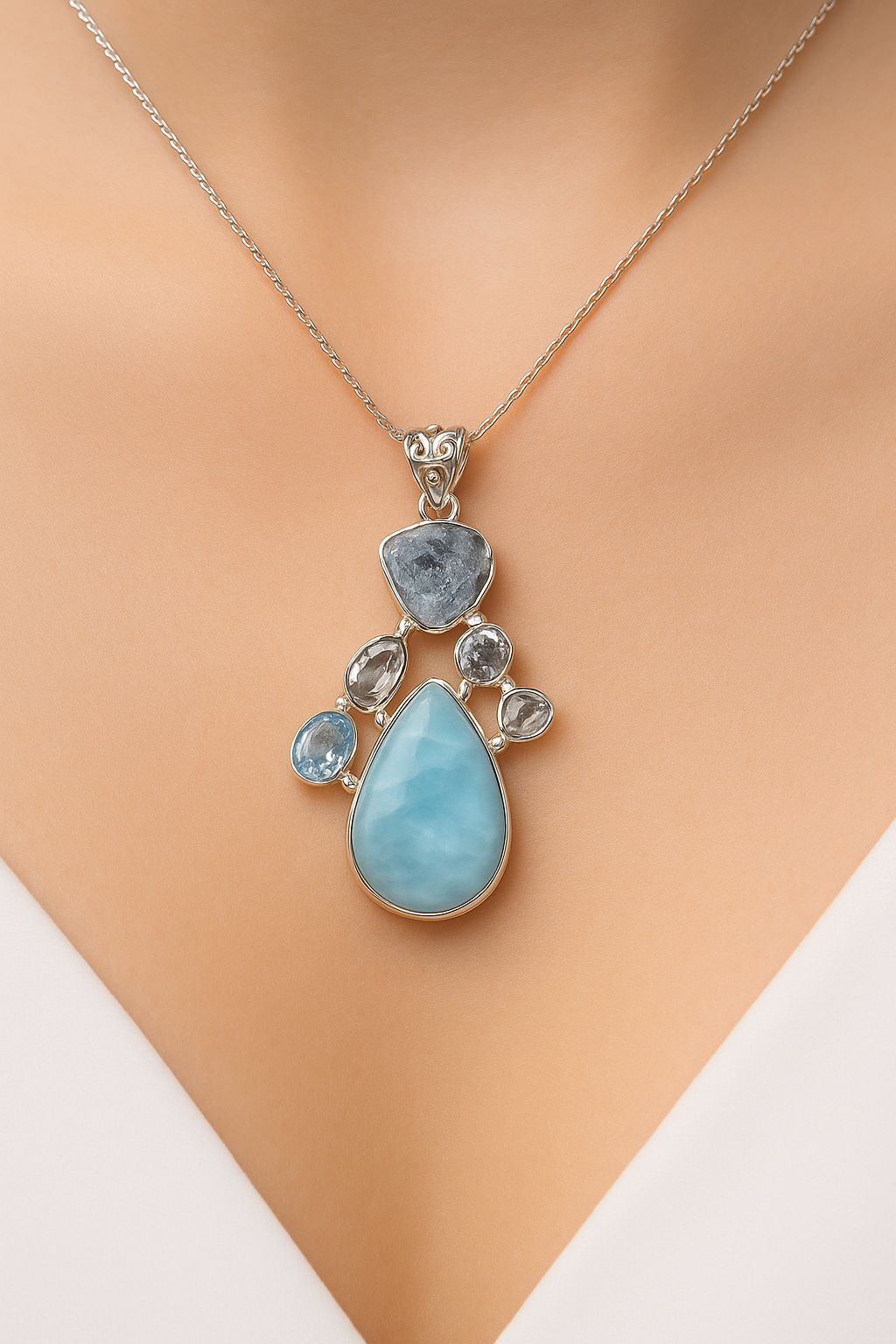 Larimar Anhänger 925 Sterling Silber – Handgemacht mit Aquamarin & Herkimer Diamond