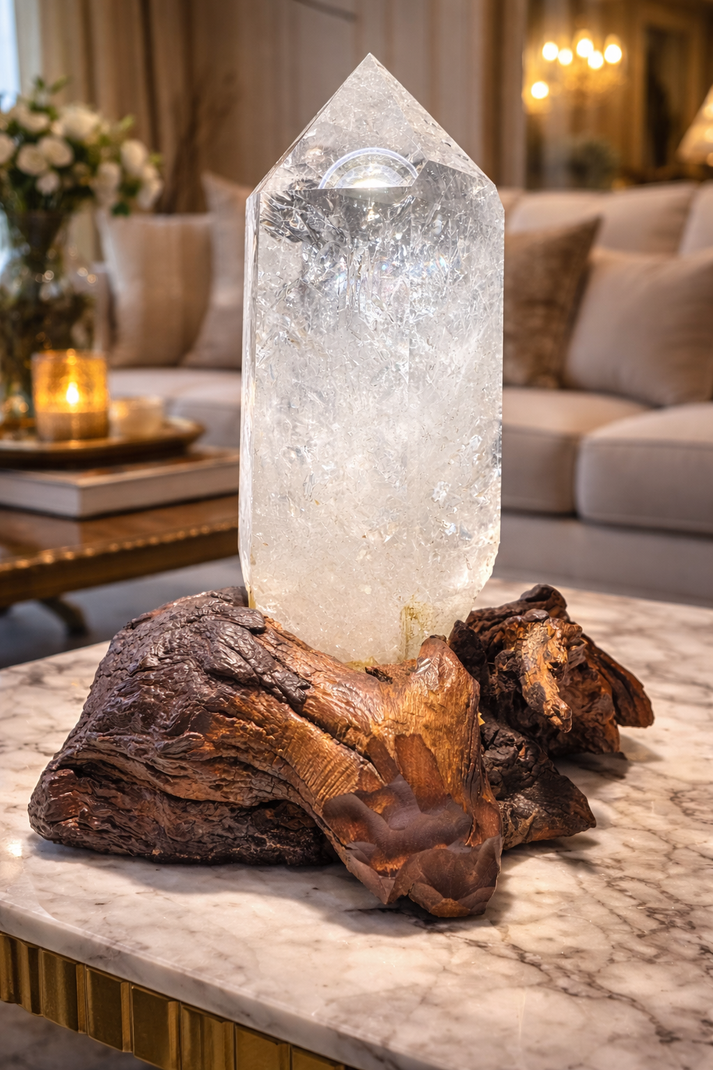 Exklusive Bergkristallspitze auf Holzsockel – Lichtvolle Naturkraft - 21cm