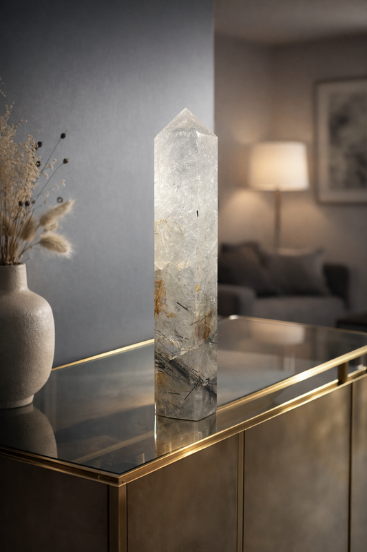 Riesige Bergkristallspitze mit Feuerquarz & Rutilnadeln – 31 cm, 1.59 kg – seltener Kristall aus Brasilien