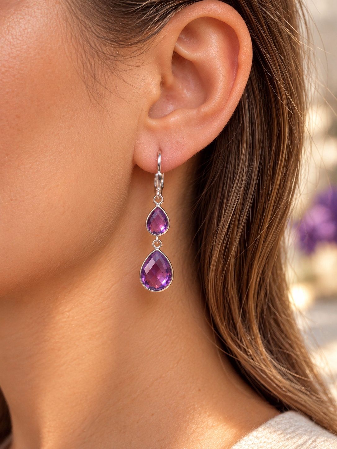 Amethyst-Hängeohrringe mit Tropfen – 925 Silber, 4.7 cm