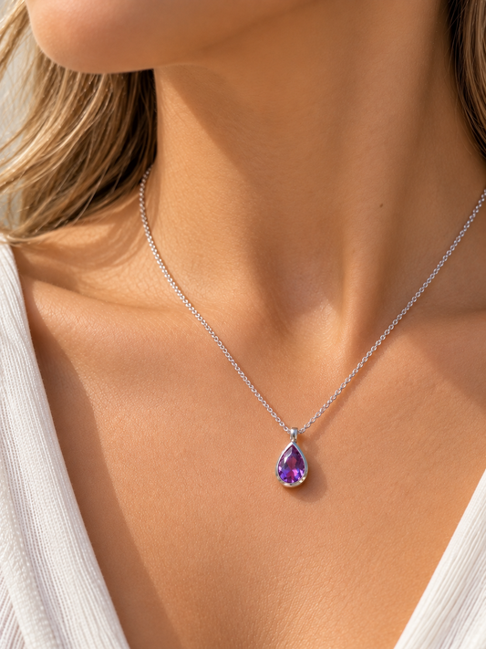 Echter Amethyst Anhänger Tropfenform 8 × 12 mm Zargenfassung 925 Silber