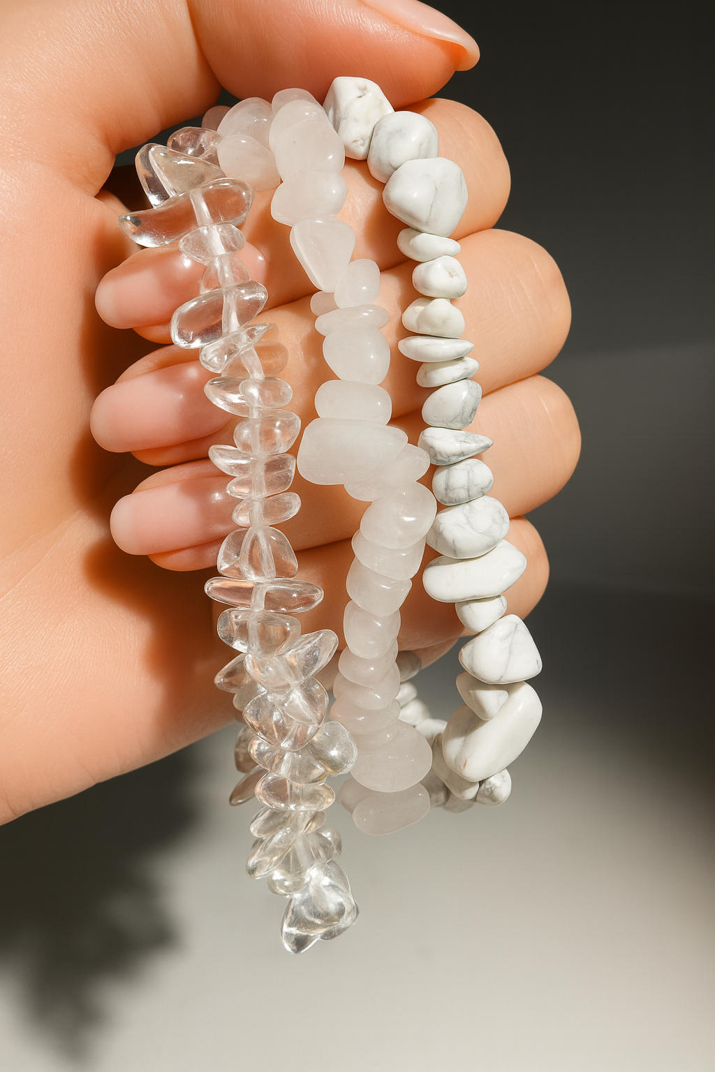 Edelstein-Armbandset aus Bergkristall, White Jade & White Howlite – Klarheit, Ruhe & Balance