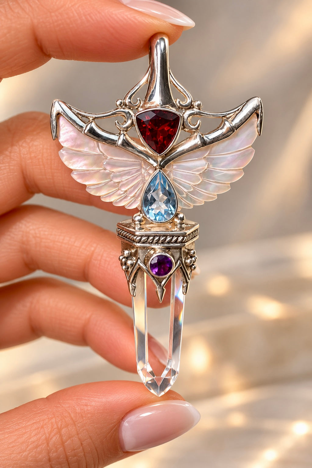 Edelstein Anhänger aus 925 Silber mit facettiertem Blautopas, Amethyst, Granat und Perlmutt