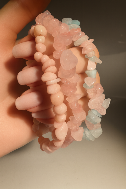 Edelstein Armband Set Morganite Jade Rosenquarz, 3er Set, handgemacht, Kristalle, Unisex