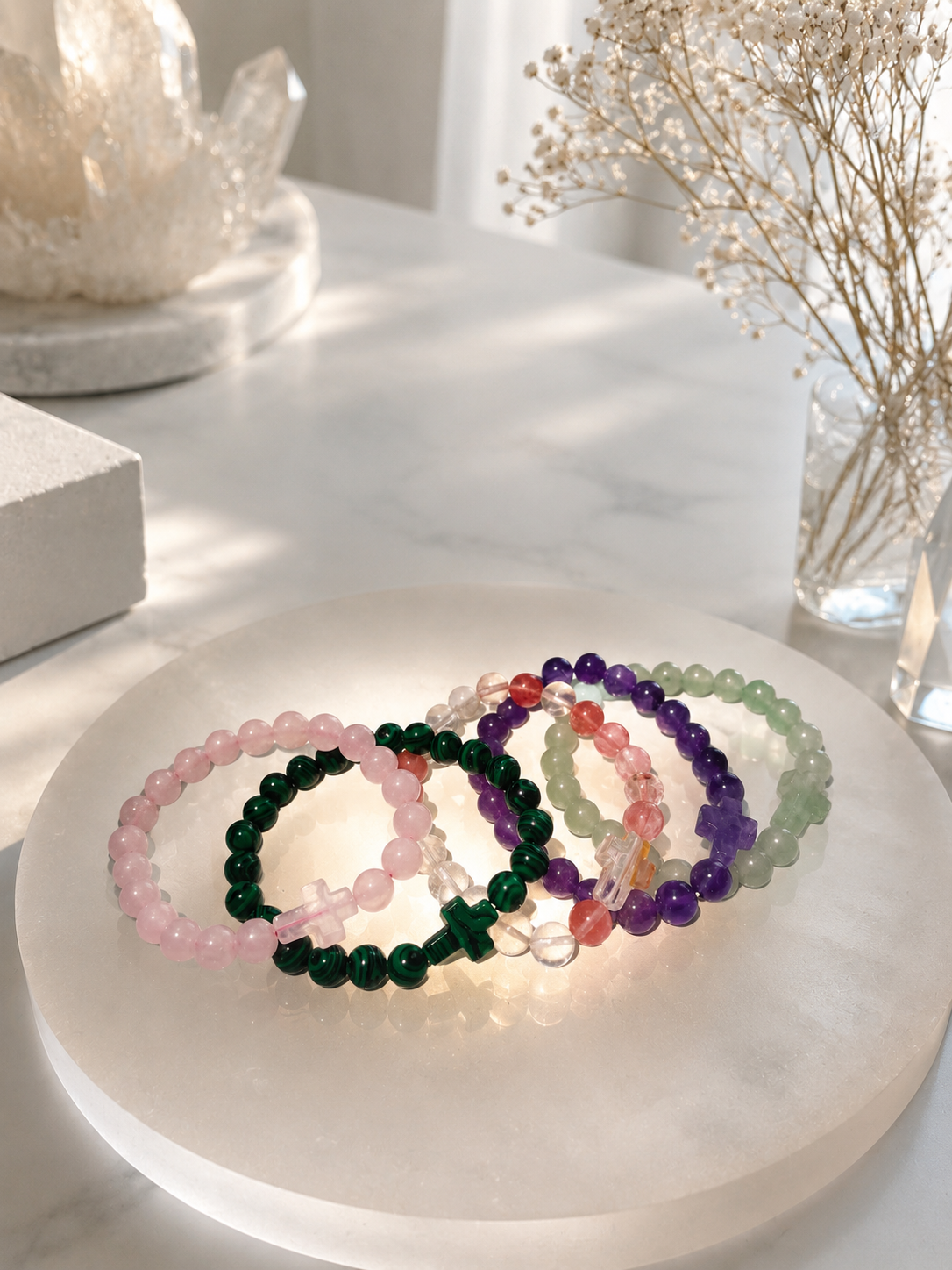 Edelstein Armband mit Kreuz – 8 mm Natursteinperlen | Amethyst, Rosenquarz, Aventurin, Malachit & Watermelon