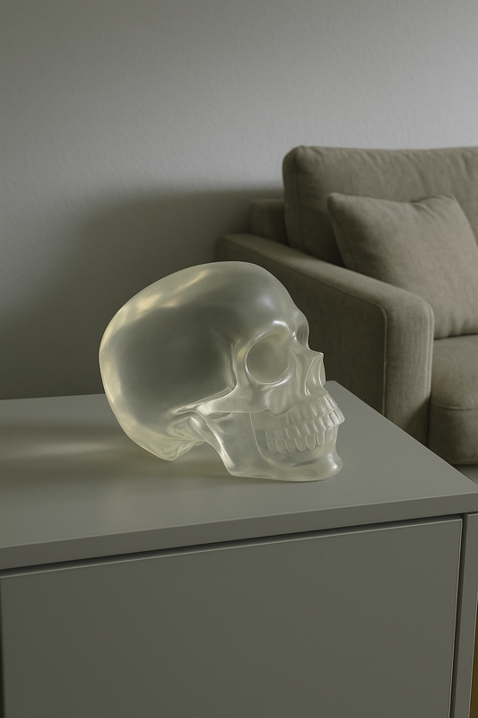 Ein einzigartiges Meisterstück der Handwerkskunst 💀✨: Dieser superrealistische Totenkopf aus transparentem Obsidian beeindruckt mit seiner unglaublichen Detailtiefe – von den Wangenknochen über die Zähne bis hin zur perfekten Form des Schädels. Jede Linie wurde von Hand liebevoll und präzise gearbeitet.

Der verwendete Obsidian ist eine seltene transparente Varietät, entstanden aus rasch erkalteter vulkanischer Lava – ein Glasgestein, das keine Kristalle bildet, sondern als natürliche Schmelze in gläserner