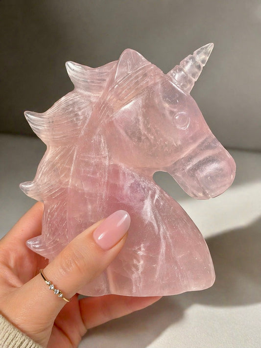 Einhorn aus Rosenquarz 12 cm, dekorative Heilsteinfigur in zartem Rosa