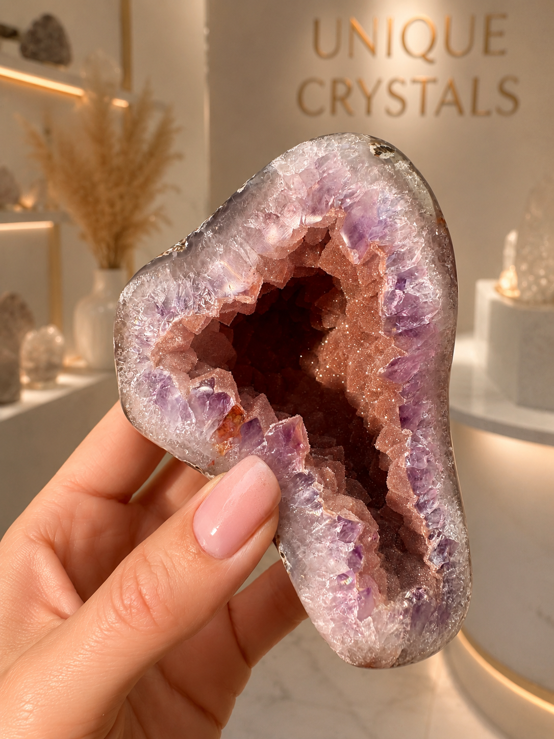 Einzigartige polierte Amethyst Geode in Freiform – 317 g Unikat