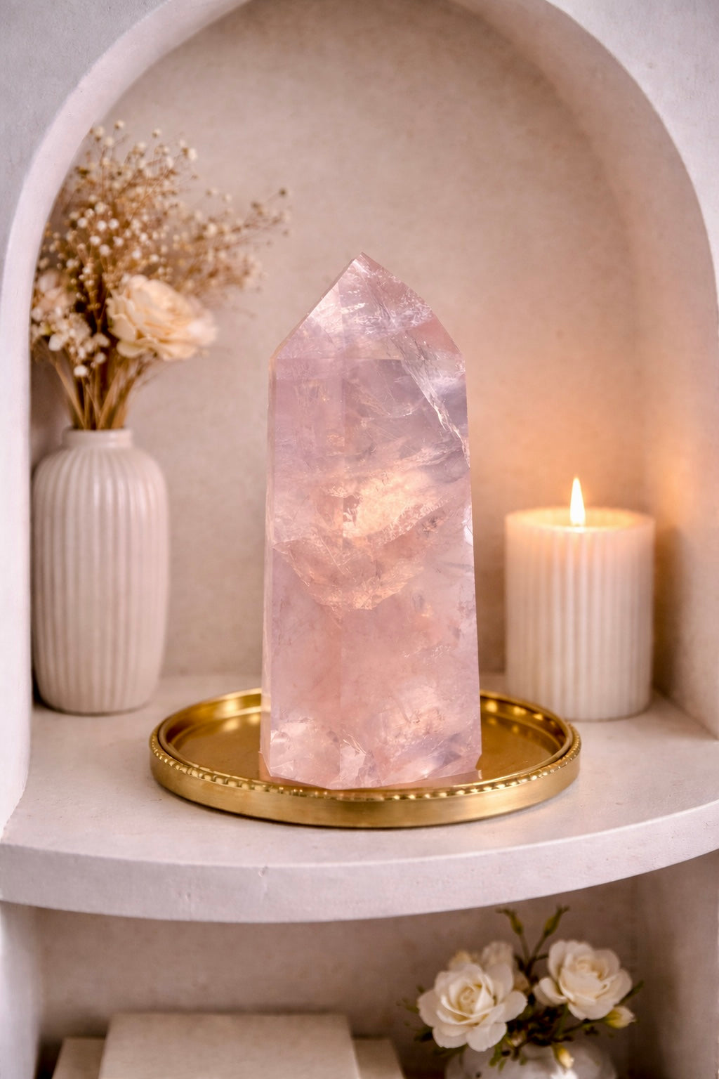 Eleganter Rosenquarz Obelisk aus Naturstein – 303 g handpolierte Qualität