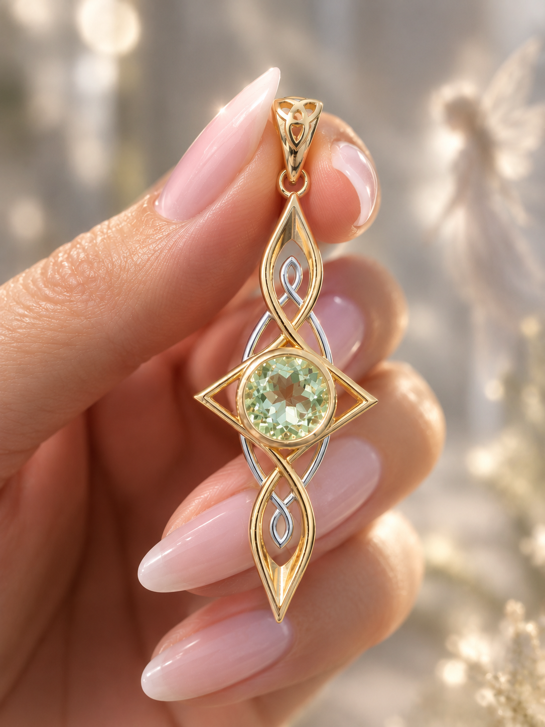 Elfen-Unendlichkeitsanhänger mit Peridot – 925 Silber, 18 Karat vergoldet