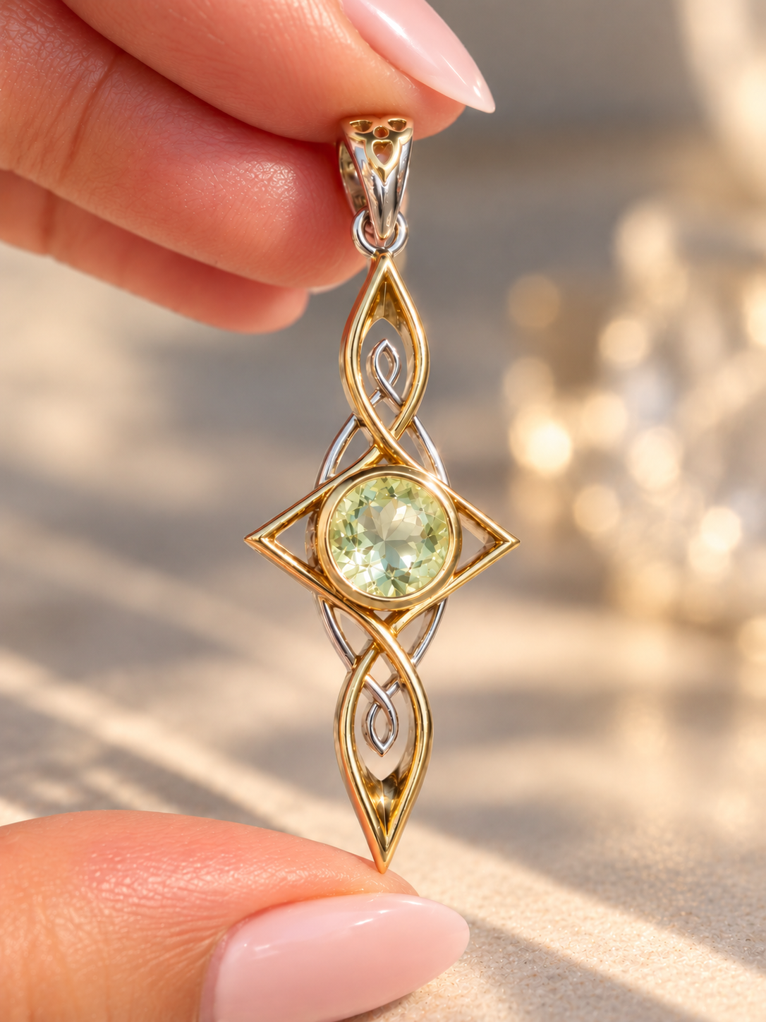 Elfen Anhänger mit Peridot Kristall und Unendlichkeitssymbol aus vergoldetem 925 Silber