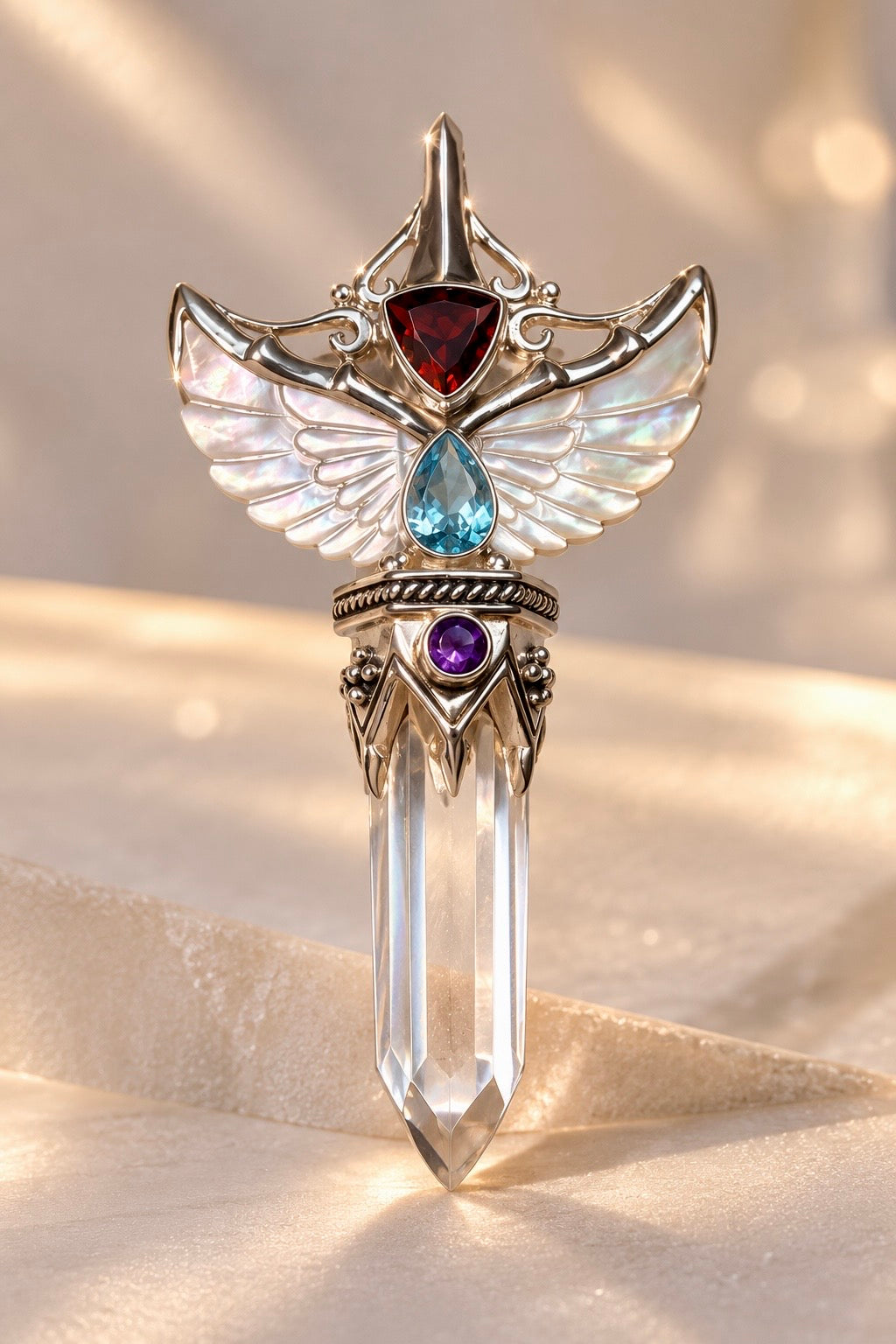 Engelsflügel Anhänger aus 925 Silber mit Blautopas, Amethyst, Granat und geschnitztem Perlmutt