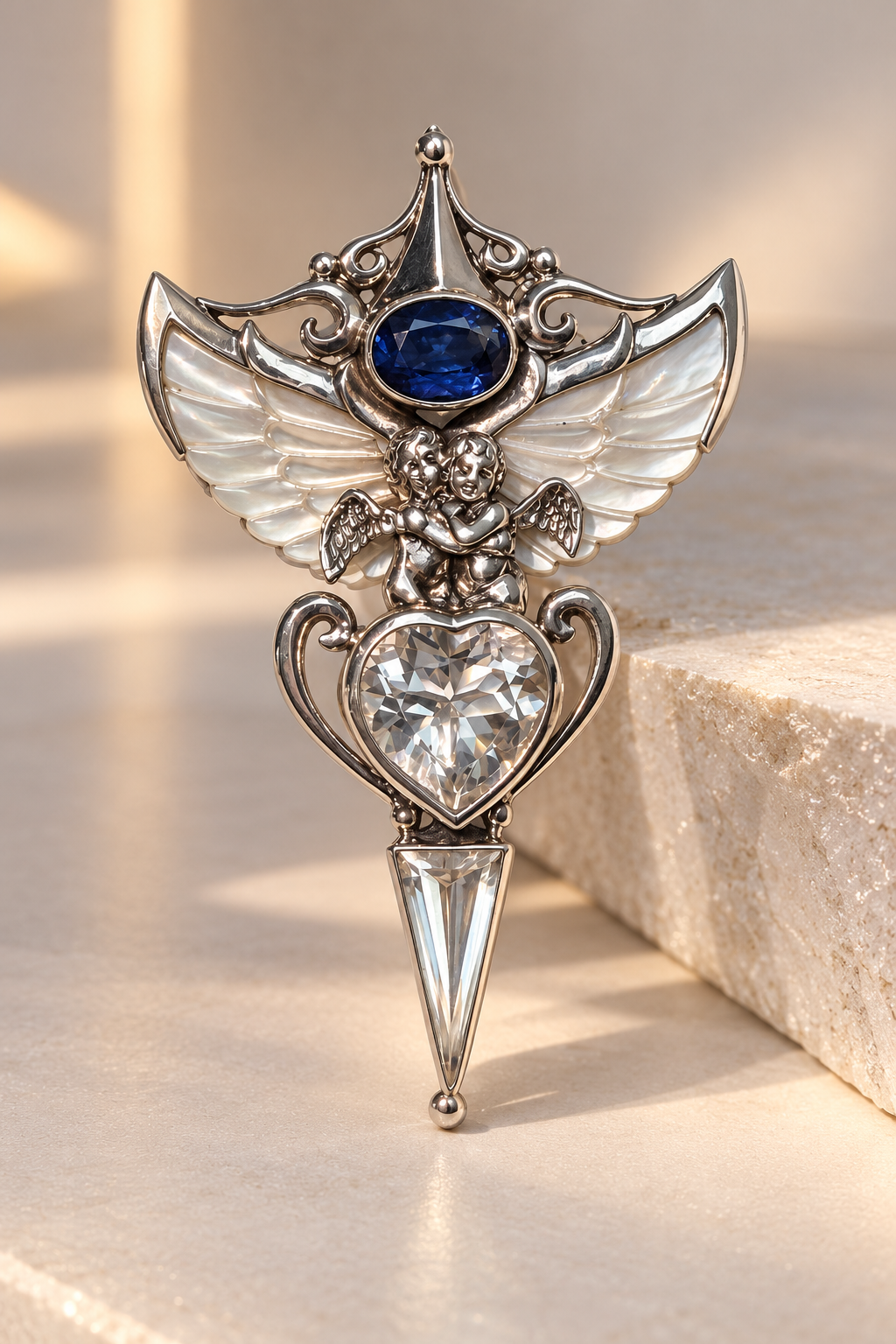Engelsflügel Anhänger aus 925 Silber mit facettiertem Bergkristall Herz und blauem Iolith