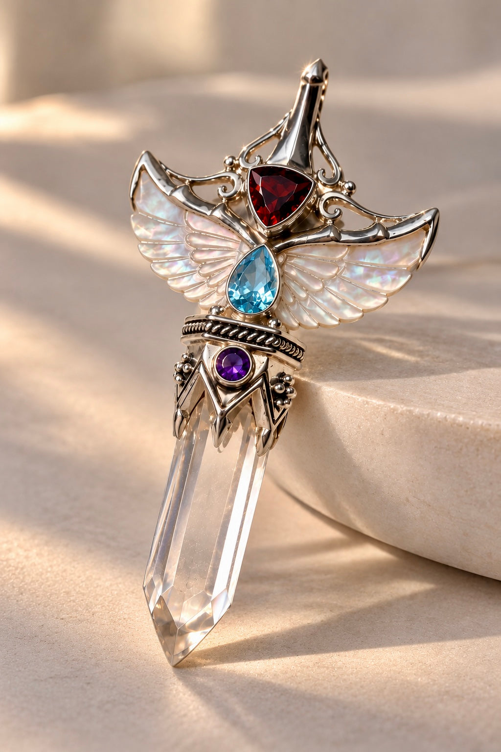 Engelsflügel Edelstein Anhänger aus 925 Silber mit Blautopas, Amethyst, Granat und echtem Perlmutt