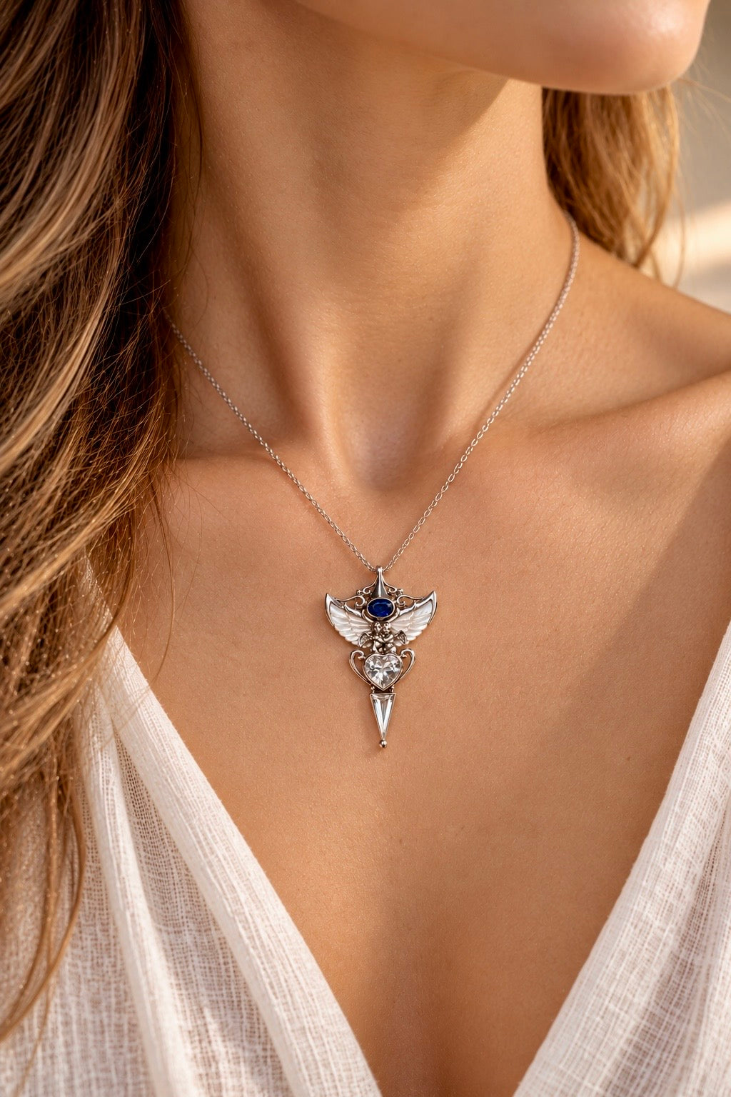 Engelsflügel Schmuck aus 925 Silber mit Bergkristall Herz, Iolith und Perlmutt Flügeln