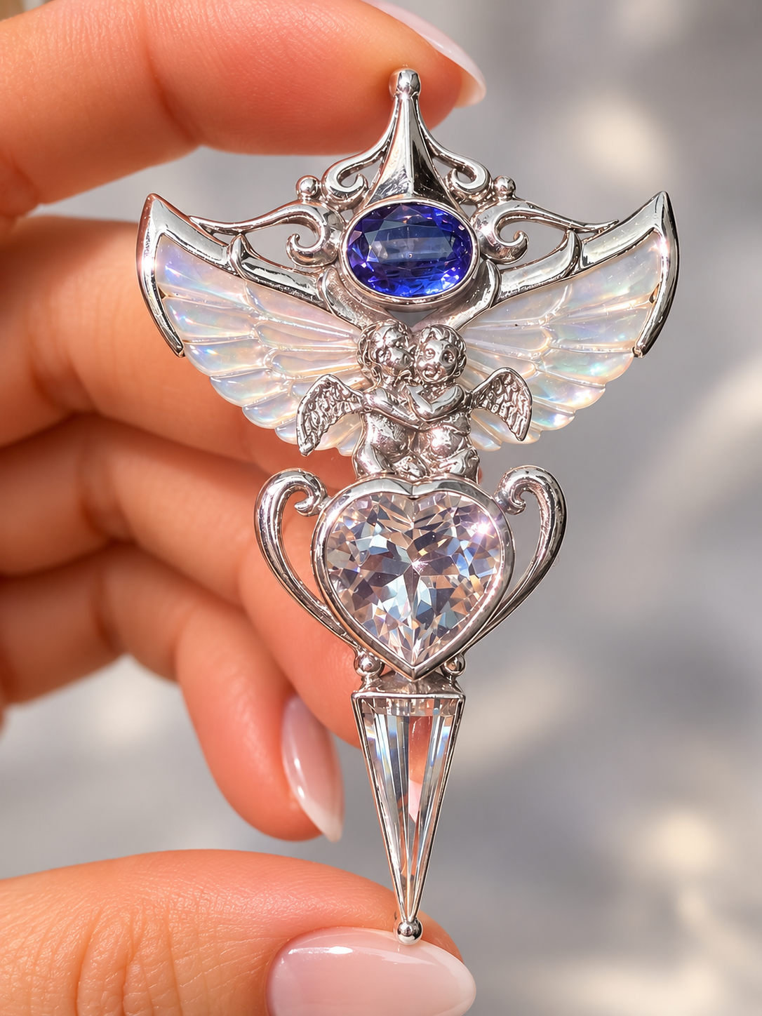 Engelsflügel Schmuck aus 925 Silber mit Bergkristall Herz, Iolith und Perlmutt Flügeln