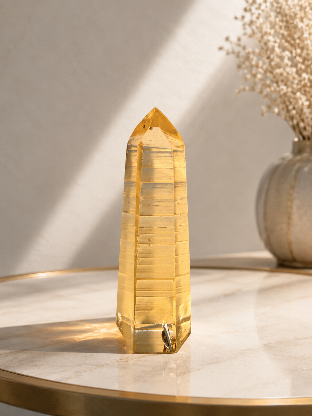 Exklusiver extra klarer Citrin Lemurian Kristall mit 5,2 cm Länge und goldener Transparenz.