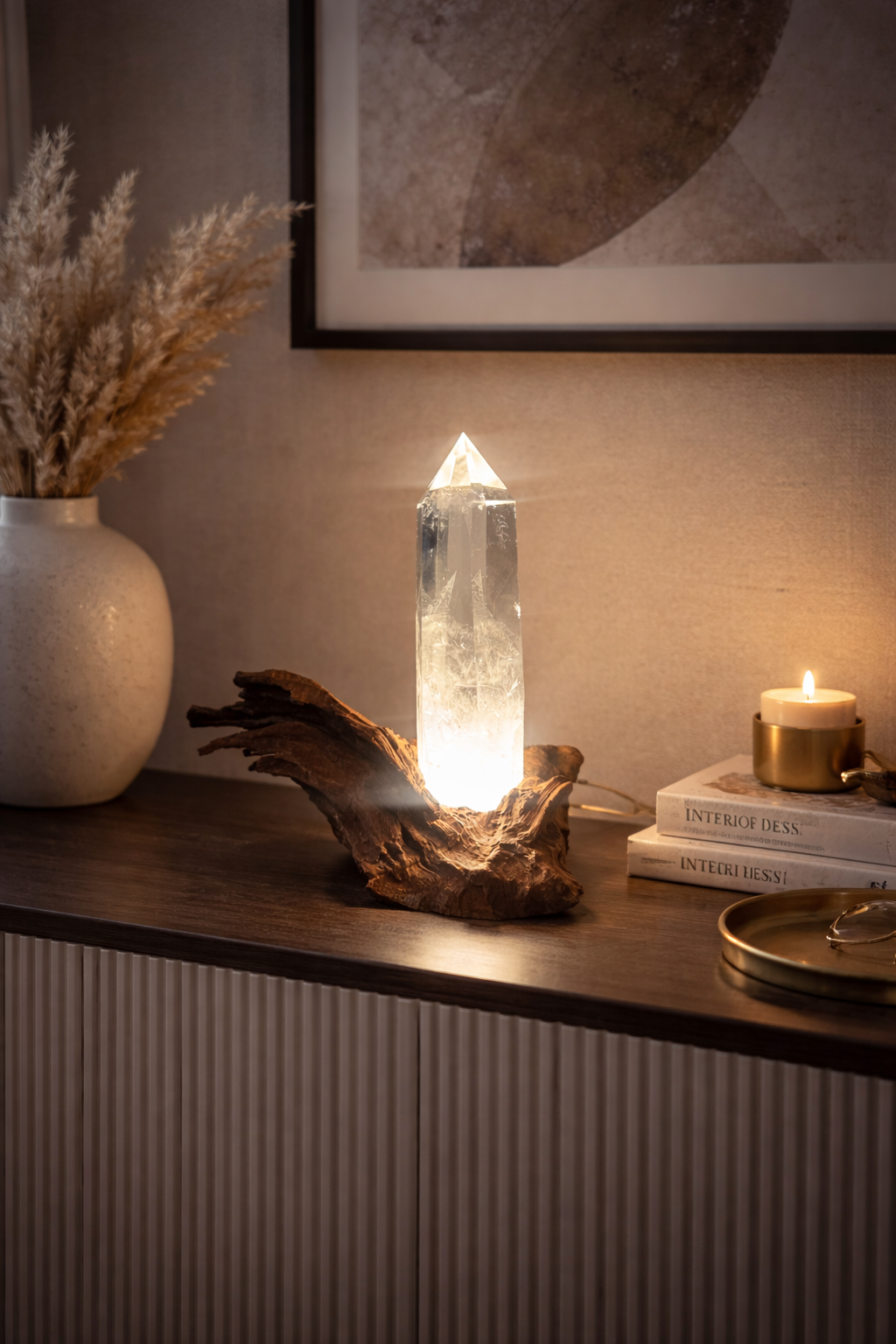 Extra klarer Bergkristall mit Wurzel & Beleuchtung – Premium-Qualität ✨ | 18 cm mit Ständer | 14,5 cm ohne Ständer

